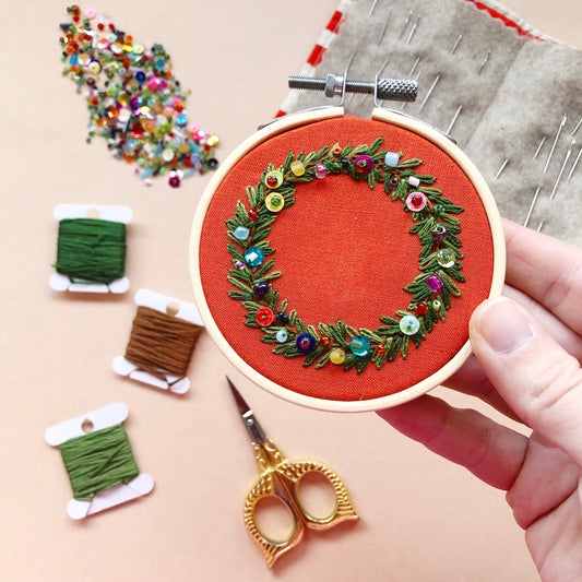 Holiday Wreath Ornament- DIY Beginner Hand Embroidery Craft Kit