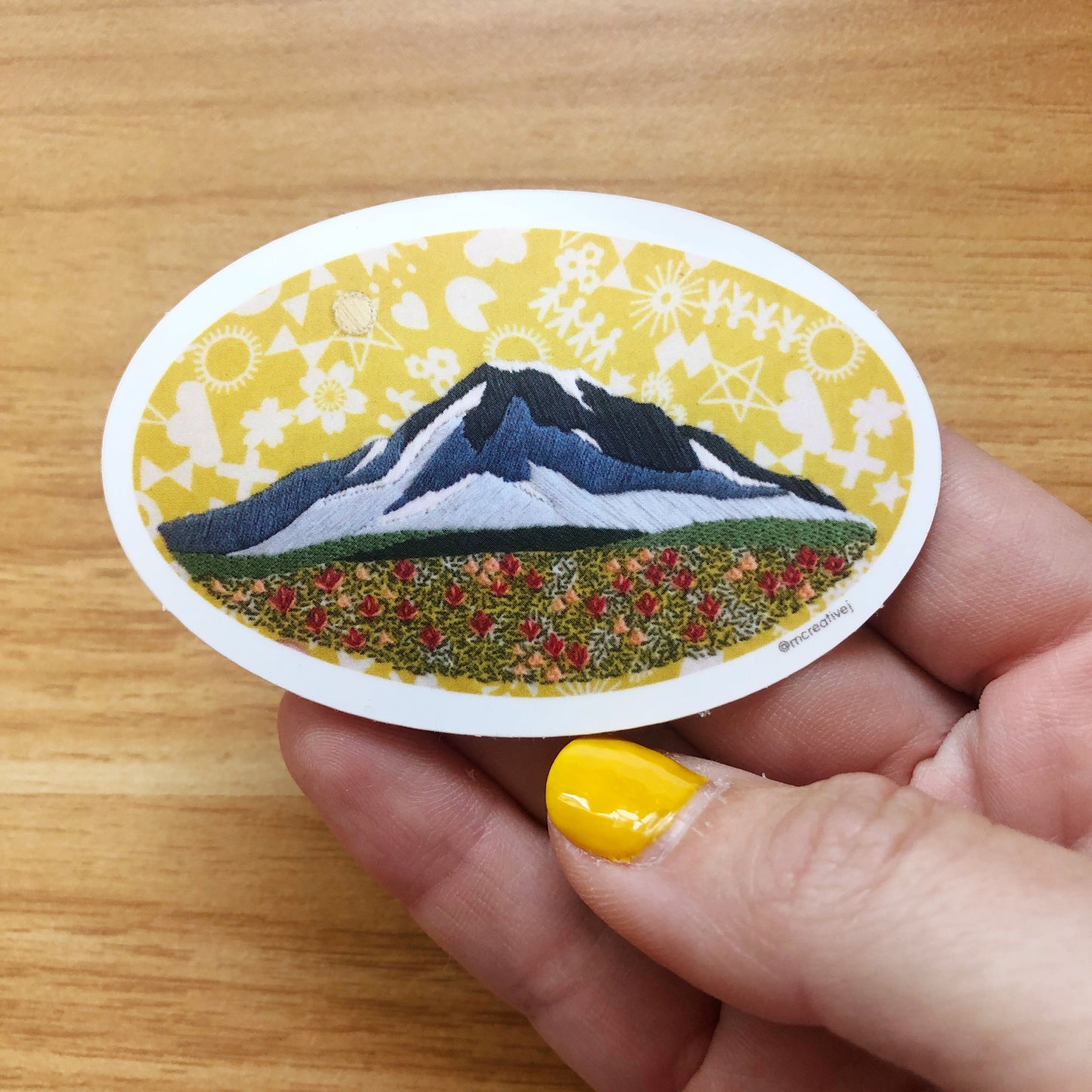 STICKER: Embroidered PNW Spring- Blue Mountain and Flower Field Vinyl Sticker