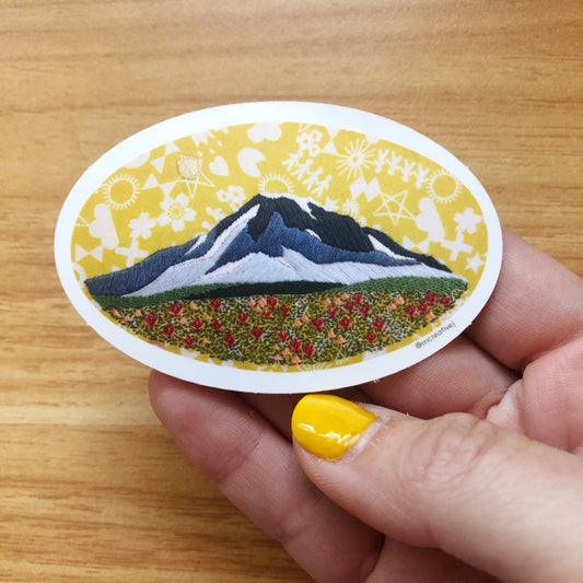 STICKER: Embroidered PNW Spring- Blue Mountain and Flower Field Vinyl Sticker