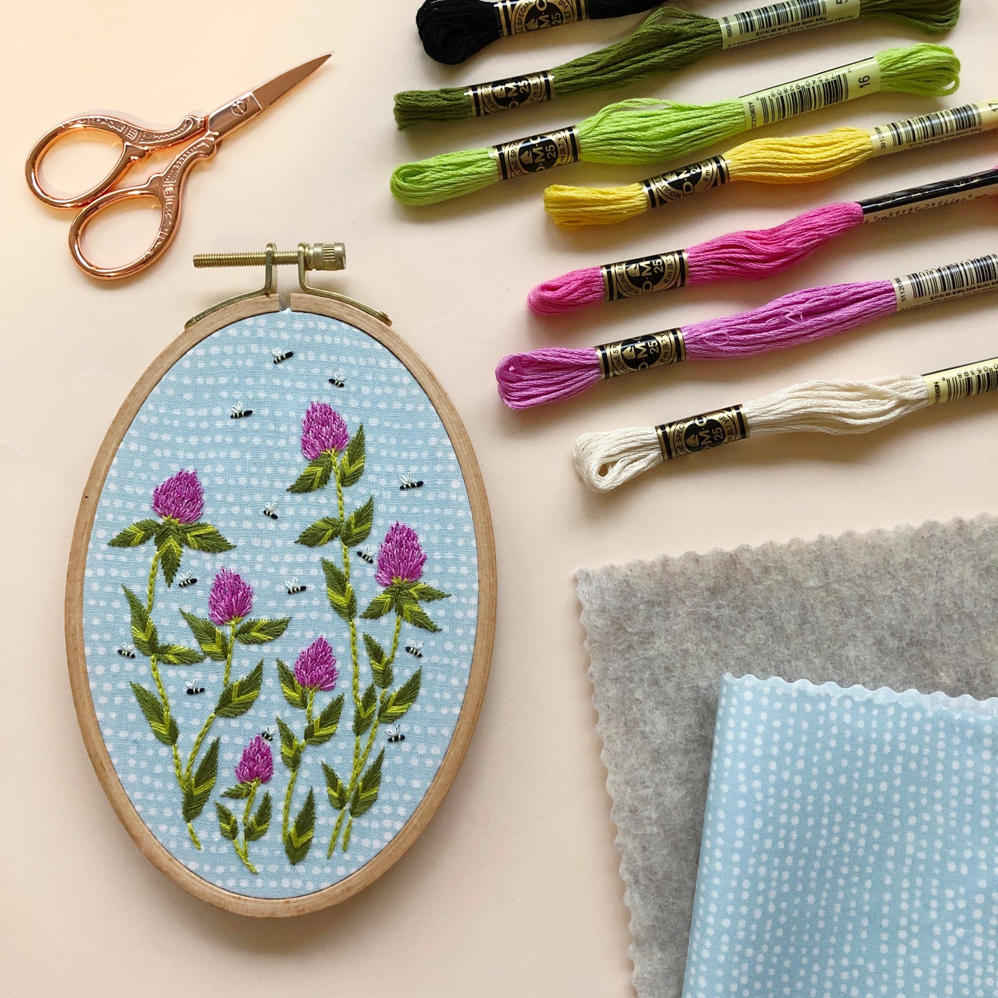 Bees Among Clover - Intermediate Hand Embroidery DIY Craft Kit