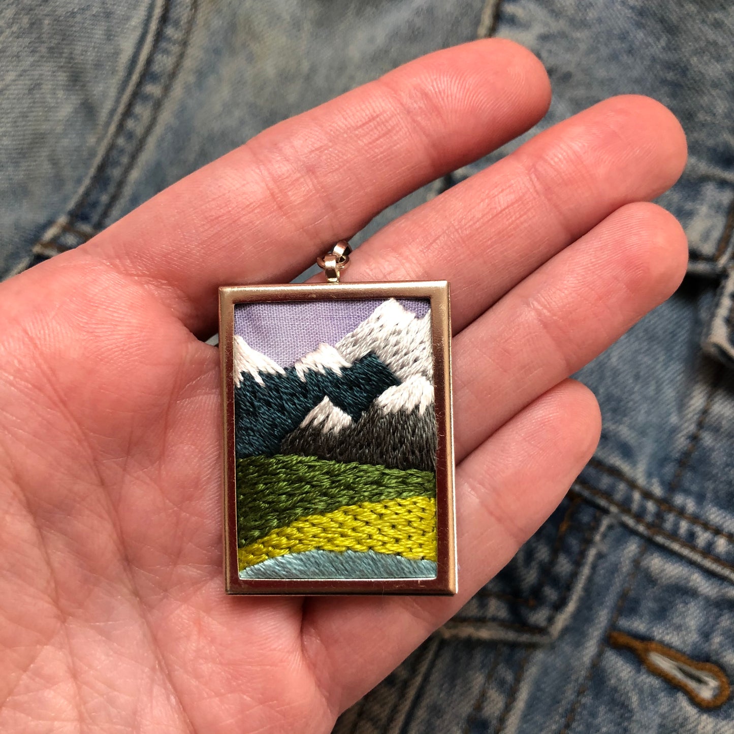 PNW Mountain Rectangular Landscape Pendant- DIY Beginner Embroidery Craft Kit