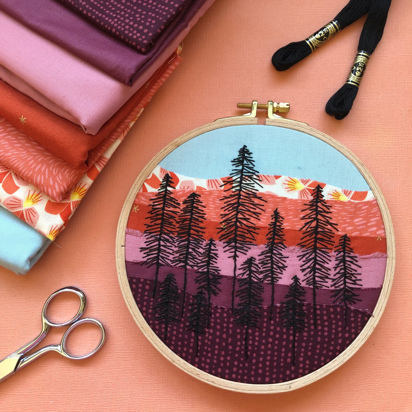 Sunset Forest - Beginner Hand Embroidery and Fabric Collage PDF Pattern