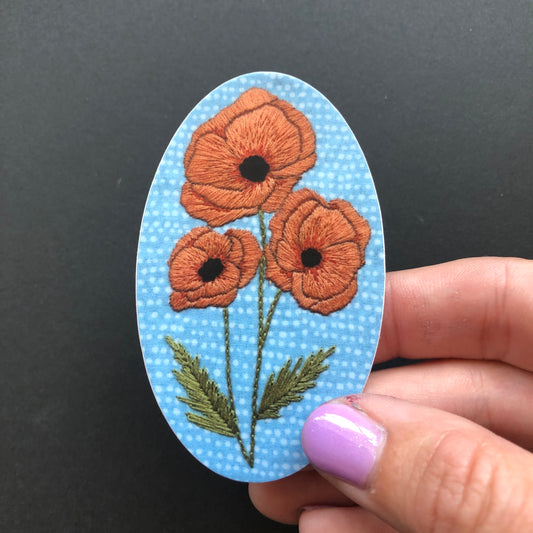 STICKER: Embroidered Orange Poppy Flowers Vinyl Sticker